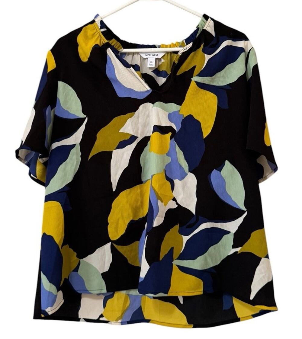 Nine West Women‎ Sz XL V Neck Short Sleeve Blouse Lightweight Polyester Colorful